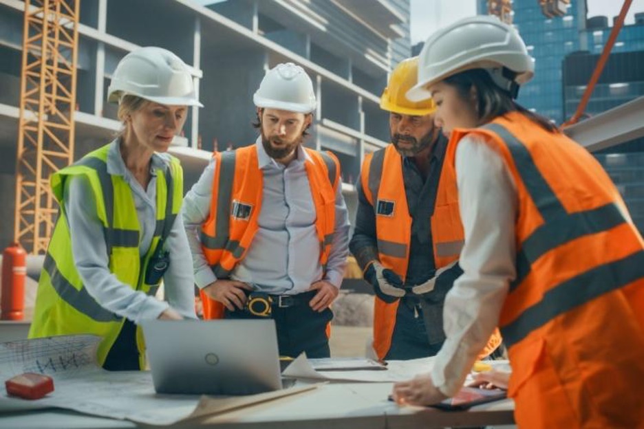 construction workers gather around plans