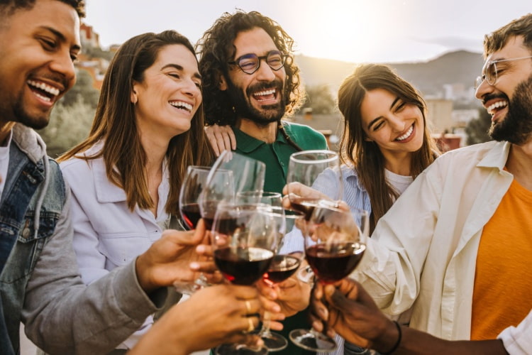 a group of friends toast with glasses of red wine