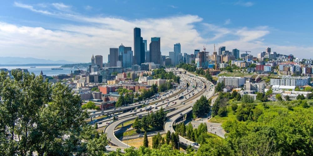 A view of the Seattle skyline and highways leading to the city