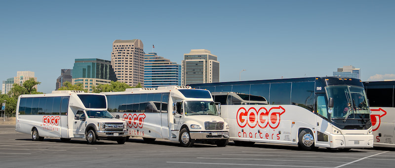 three bus sizes with gogo charters logos parked in a lot