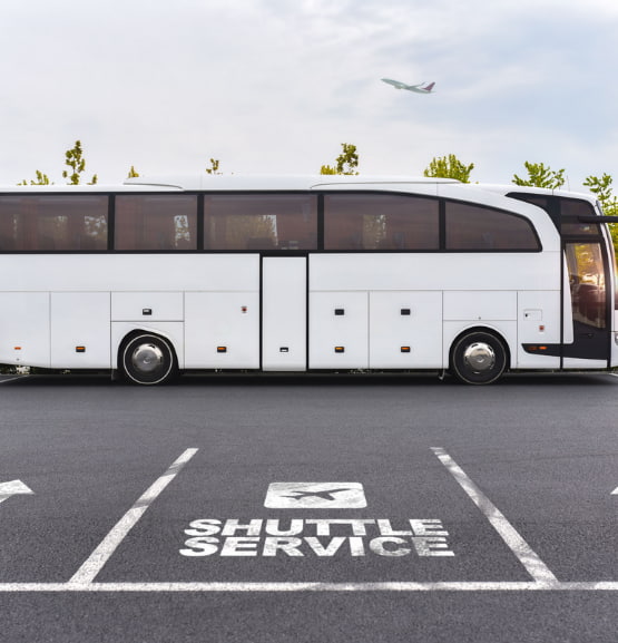 a shuttle bus prepares for departure