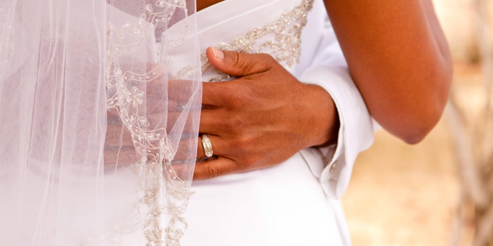 view from behind as a happy couple embraces on their wedding day